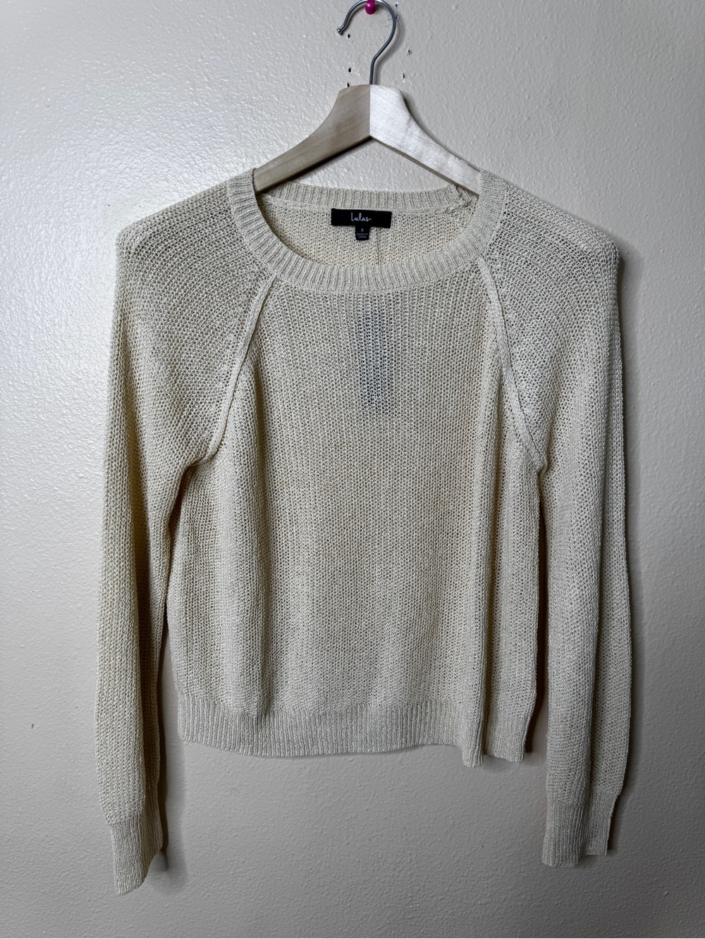 Lulus Womens S Cream Open Knit Pullover Sweater Raglan Sleeve Lightweight NWT